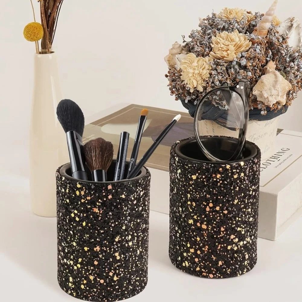 New! 2 Black Glitter PU Leather Holder for Makeup Brushes, Eyeglasses, Pens etc